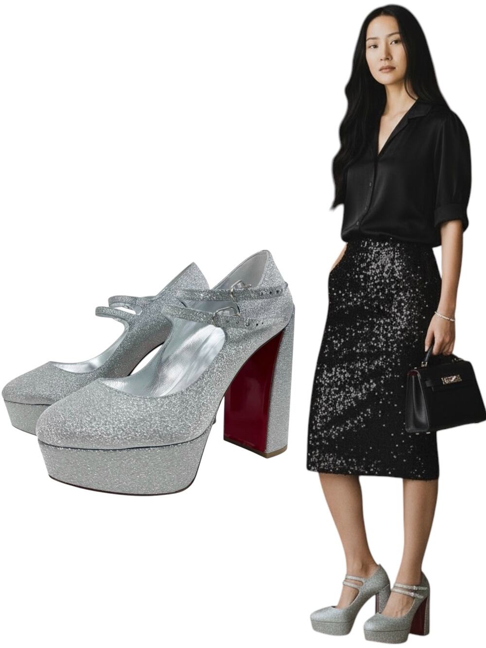 New Christian Louboutin Movida Jane Glitter Platfrom Pumps Silver Size 38.5